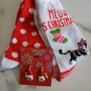 Christmas Cat Earrings & 2-pack Socks Bundle